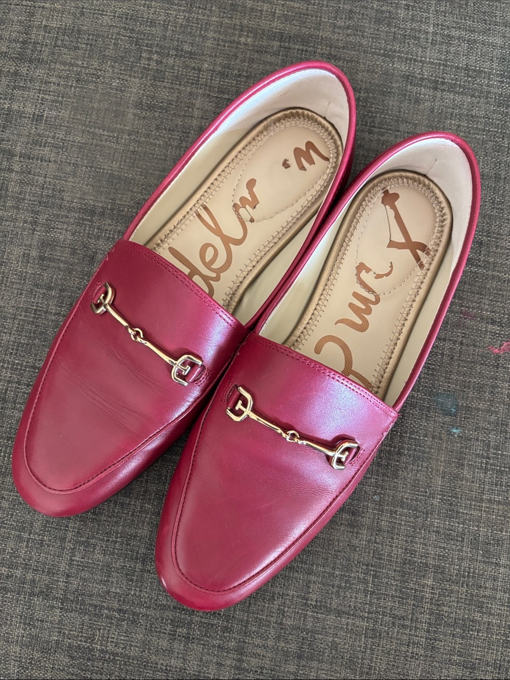 Sam Edelman Loraine Bit Burgundy Slip-On Leather Loafers with Gold Horsebit